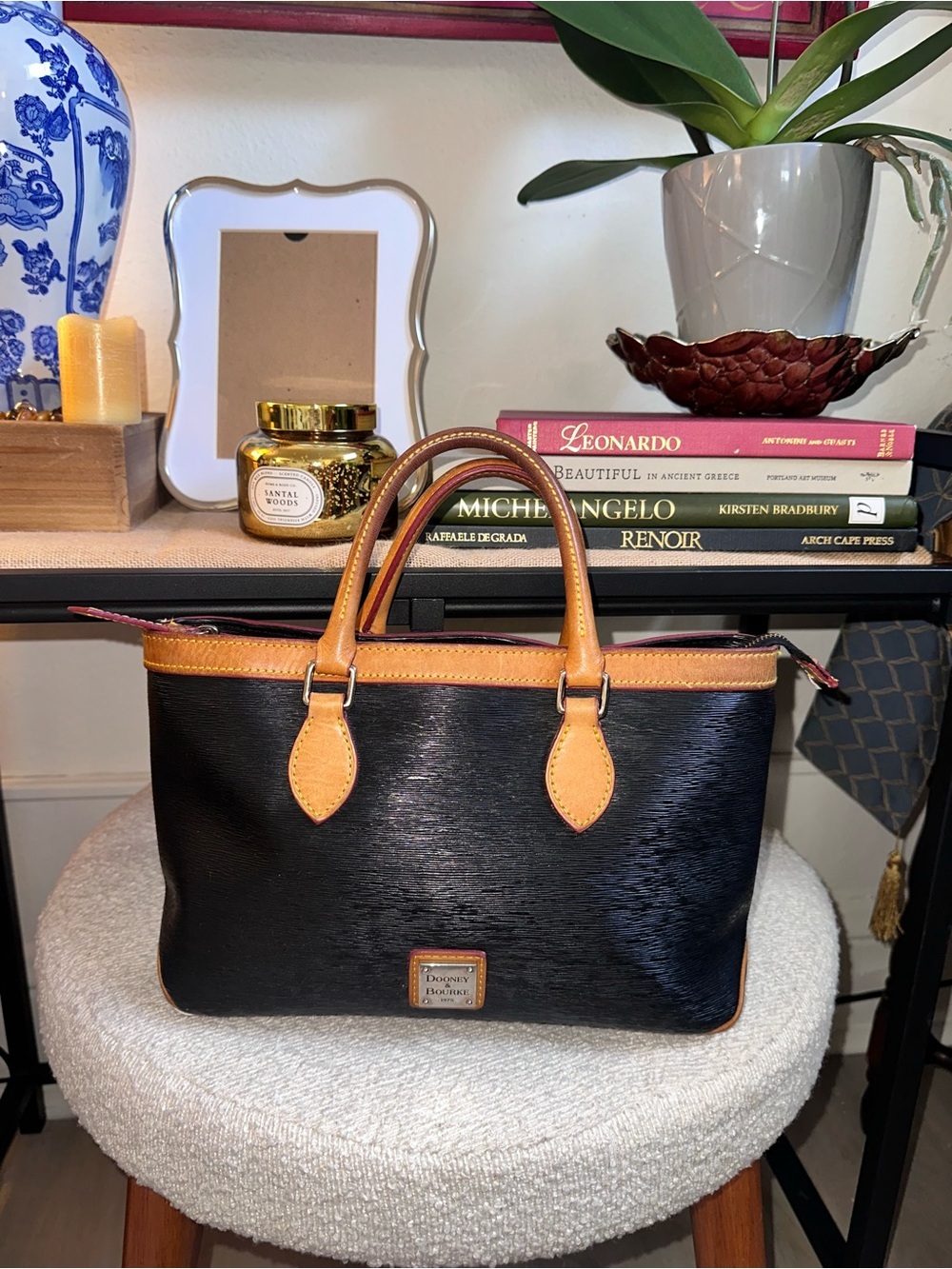 Vintage Dooney & Bourke Black Tote with Tan Trim and Handles